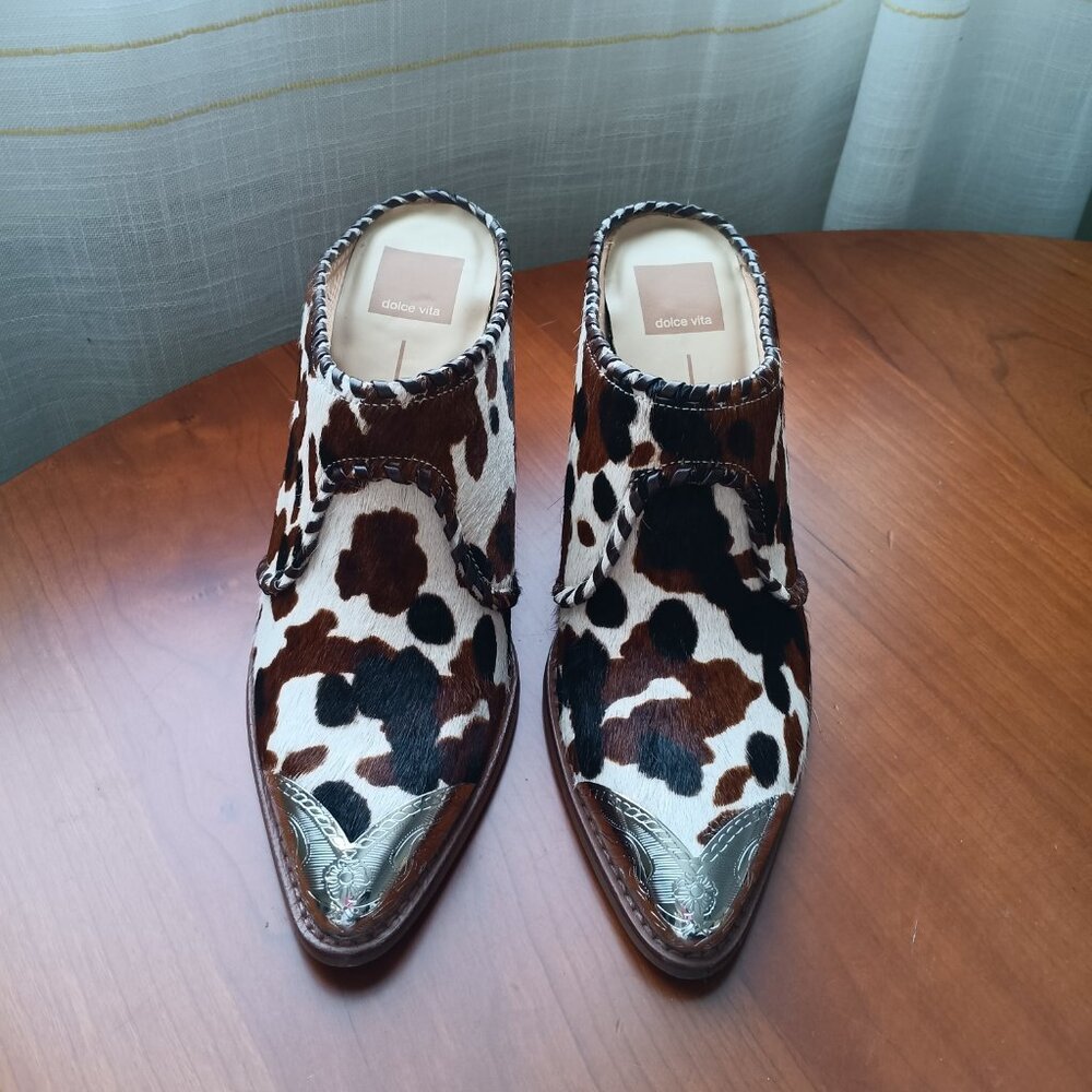NWT Silver Toe Western Cow Print Animal Hair Heeled Mules - Picture 14 of 14